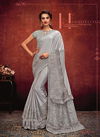 Grey Colour Latest Designer Fancy Party Wear Frill Details Cord Embroidery Work Lycra Saree Collection 11310